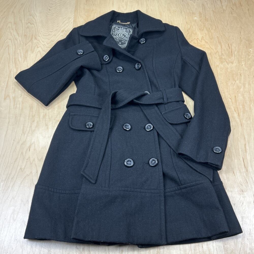 GUESS Womens Black Wool Blend Peacoat Belted Double Breasted Jacket Size S GC